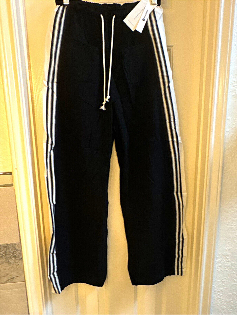 Fisoew Women’s Track Pants Black/White Striped Drawstring Elastic Waist S